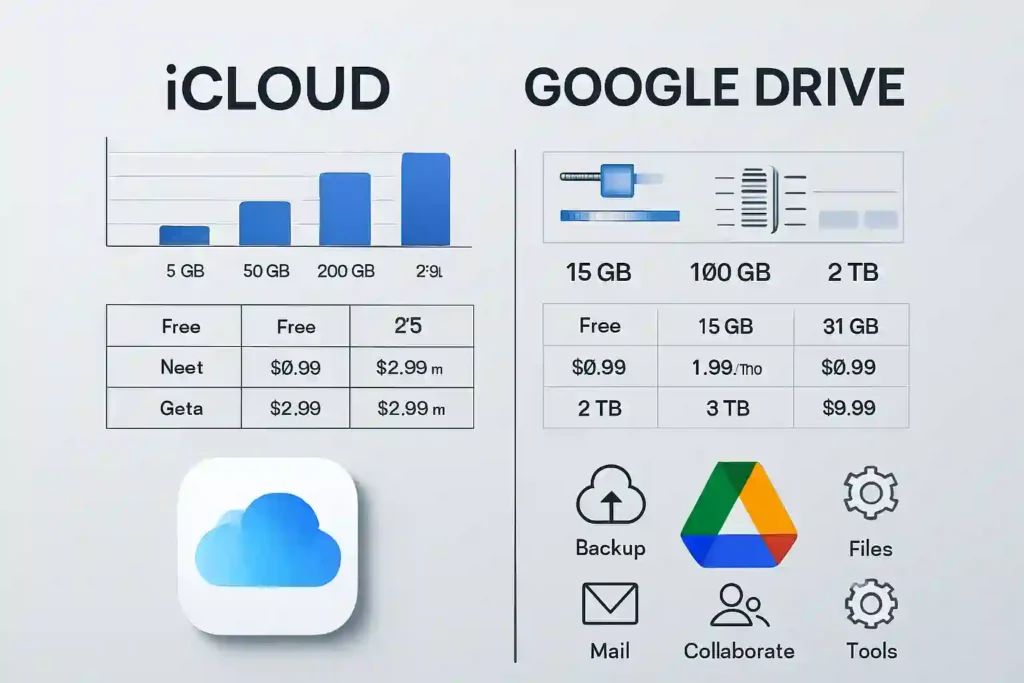 A side-by-side comparison of iCloud and Google Drive storage options, captured in a crisp, technical illustration. The foreground showcases sleek, minimalist icons representing the two cloud storage platforms, positioned symmetrically to highlight their distinct features. In the middle ground, detailed data visualizations and infographics compare storage capacities, pricing tiers, and key functionalities. The background is a clean, neutral gradient, allowing the technical information to take center stage. The overall mood is one of clarity, precision, and professionalism, befitting an informative visual aid for a technology-focused article.