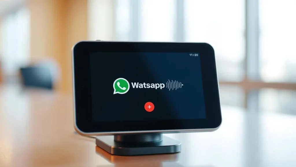 A digital device with a sleek, modern interface displaying a WhatsApp call in progress, captured in a bright, airy environment with a blurred background. The call is highlighted with a pulsing, animated indicator, conveying the "automatic" nature of the recording. The overall composition and lighting create a sense of simplicity, efficiency and technological sophistication, reflecting the capabilities of the feature being showcased.
