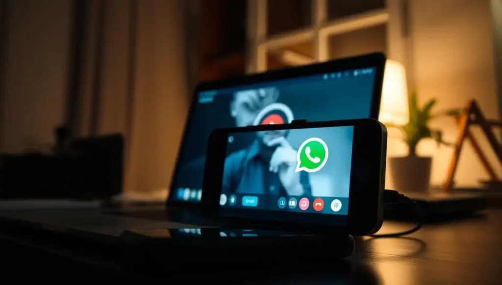 A dimly lit home office, the desk illuminated by the soft glow of a laptop screen. On the screen, a WhatsApp call is in progress, the video feed displaying a blurry, low-quality image. In the foreground, a smartphone rests on the desk, its camera lens pointed at the laptop screen, ready to capture a high-resolution recording of the call. The background is out of focus, but the viewer can sense the sense of purpose and determination in the scene, as the user seeks to improve the quality of their WhatsApp call recording.