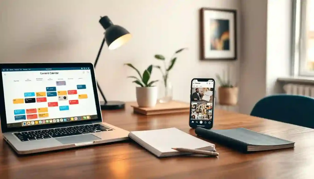 A well-curated Instagram content calendar arranged on a wooden desktop. In the foreground, a laptop displays a calendar application, with colorful post thumbnails organized by date. In the middle ground, a smartphone showcases the Instagram app's feed view, while a notebook and pen lie nearby for planning and note-taking. The background features a minimalist office setup, with a potted plant, a stylish desk lamp, and a framed piece of artwork on the wall, conveying a professional and visually appealing workspace. The lighting is soft and diffused, creating a warm, productive atmosphere.
