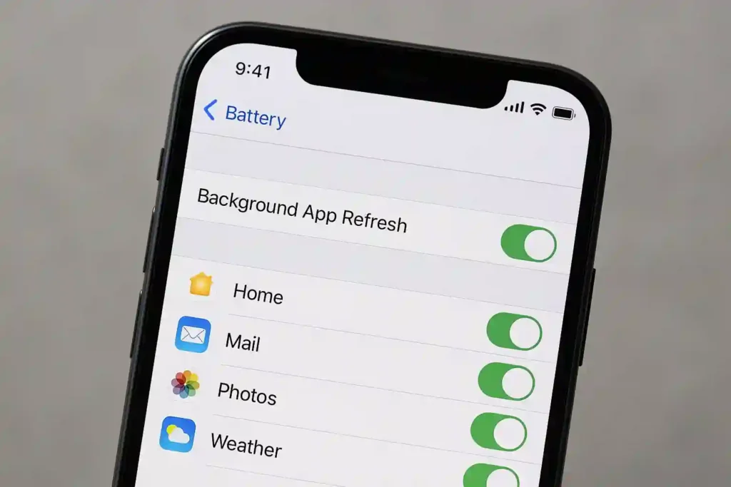  Image showing steps to disable background app refresh on iPhone, part of a guide on unlocking iPhone features and tricks.

