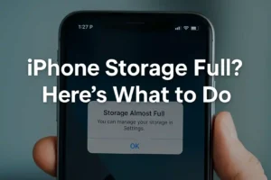 Four iPhones displaying various cleaning apps to free up iPhone storage and manage memory efficiently.