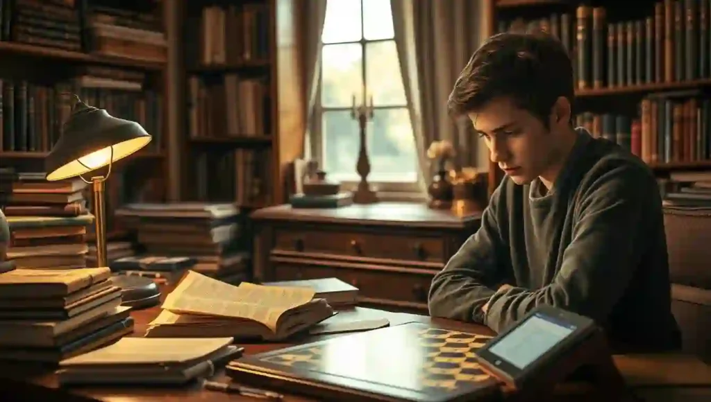 A young man sits thoughtfully in a cozy library, surrounded by books. Soft light from a lamp and window creates a warm, contemplative atmosphere.