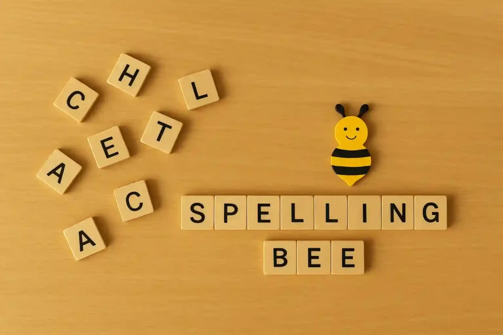 Scrabble tiles spell "SPELLING BEE" next to a cute bee illustration. Other random letters are scattered nearby on a wooden surface, creating a playful tone.