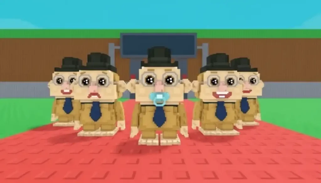 Blocky cartoon monkeys in suits and hats stand on a red carpet against a blue sky. The central figure has a pacifier, conveying a playful tone.