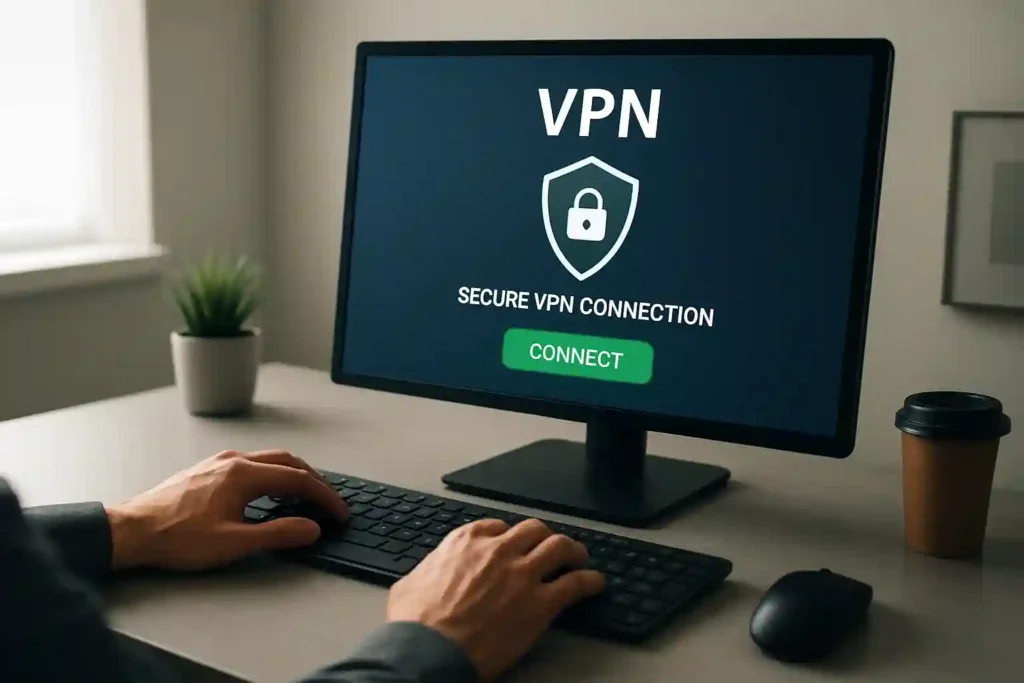 A well-lit room with a desktop computer on a sleek, minimalist desk. The monitor displays a secure VPN connection, indicating privacy and protection during the torrenting process. In the foreground, a person's hands are carefully navigating the interface, showcasing the meticulous steps involved in safe torrenting. The background features a clean, modern aesthetic with neutral colors, creating a sense of professionalism and responsibility. Soft, directional lighting illuminates the scene, emphasizing the importance of the task at hand. An atmosphere of diligence and cyber-security pervades the image, reflecting the &amp;amp;quot;Safe Torrenting Practices&amp;amp;quot; theme.