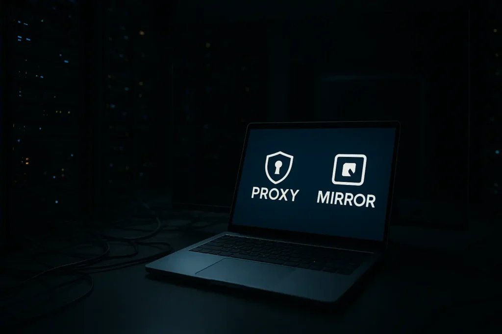 A dimly lit server room, with rows of blinking computers and cables snaking across the floor. In the foreground, a sleek, modern laptop displaying the logos of two websites - a &amp;amp;quot;Proxy&amp;amp;quot; site and a &amp;amp;quot;Mirror&amp;amp;quot; site. The laptop's screen is reflected in a large, polished monitor in the background, creating a sense of duality and mirroring. The overall atmosphere is one of technical complexity and the hidden world of online anonymity and content access.