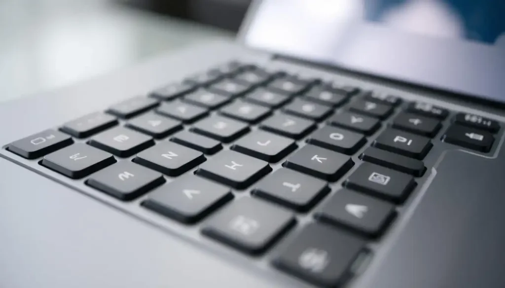 Close-up of a laptop keyboard with black keys and white symbols. The perspective is from a low angle, highlighting the clean, modern design.