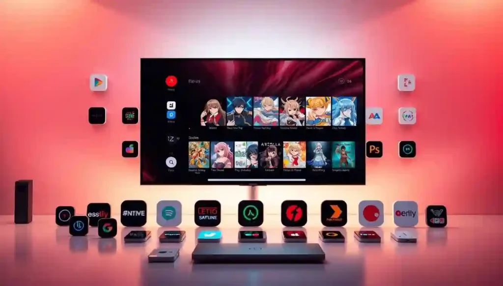 Vibrant anime streaming platforms showcased in a sleek, modern interface. A central display screen dominates the foreground, showcasing popular anime titles with dynamic character designs and vivid colors. Surrounding the display, various app icons and platform logos are neatly arranged, creating a visually appealing and organized composition. The background features a clean, minimalist design with subtle gradients and geometric shapes, lending an air of sophistication and technology. Soft, directional lighting accentuates the digital elements, creating depth and dimension. The overall mood is one of excitement, accessibility, and the immersive world of anime streaming.