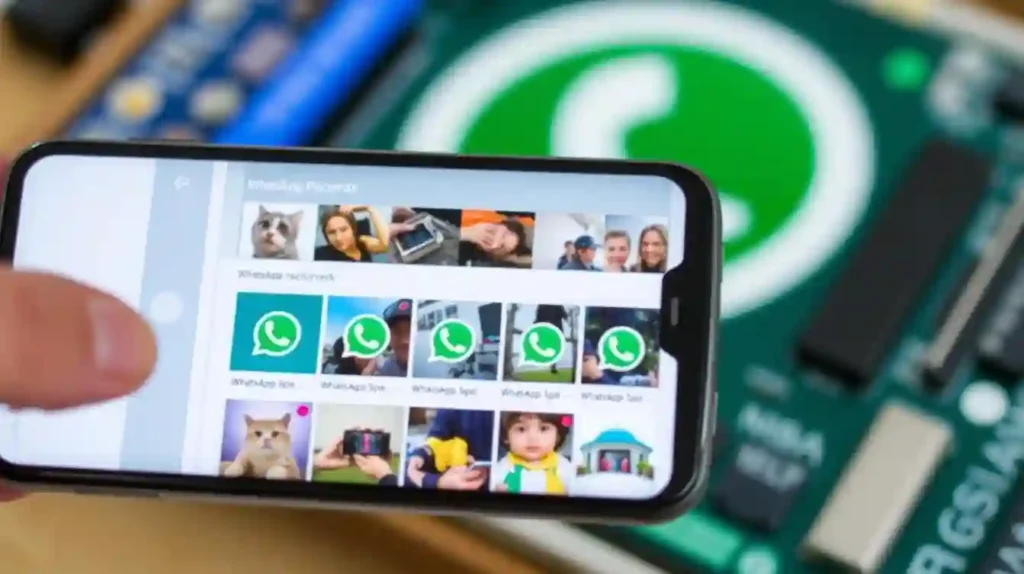 A smartphone display showing the interface of a file recovery app, with a gallery of recovered WhatsApp photos neatly organized on the screen. The foreground features the app's clean and intuitive user interface, with clear icons and controls for navigating the recovered files. The middle ground showcases the thumbnails of the retrieved WhatsApp images, highlighting the successful restoration process. The background depicts a blurred, out-of-focus representation of the phone's hardware, emphasizing the software-based nature of the recovery operation. The overall scene conveys a sense of efficiency, reliability, and the ability to easily access lost WhatsApp media from the device's local storage.