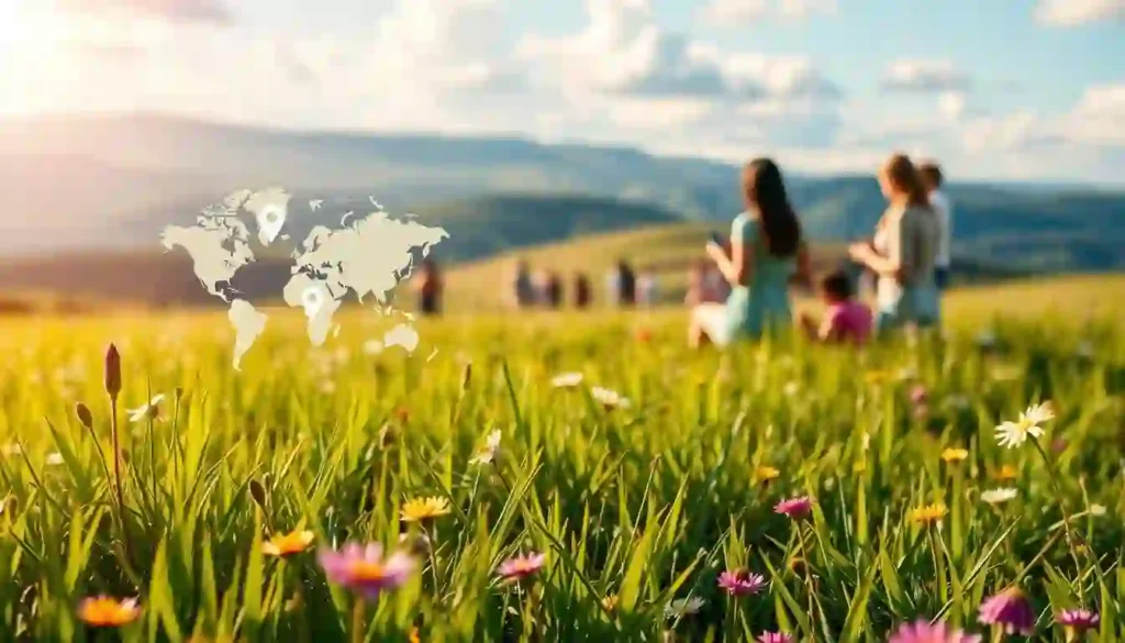 A serene, sun-dappled meadow with lush green grass and vibrant wildflowers in the foreground. In the middle ground, a group of people use their smartphones, their locations marked on a stylized map overlay. In the distant background, rolling hills and a tranquil blue sky with fluffy white clouds. Warm, soft lighting creates a dreamy, inviting atmosphere, emphasizing the benefits of geotagging and location-based strategies for connecting with others and exploring the world around you.