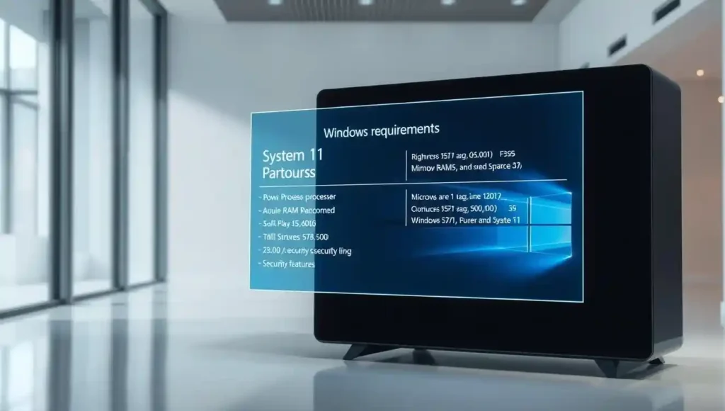 Prompt A clean, well-lit interior scene showcasing the system requirements for Windows 11. In the foreground, a sleek and modern desktop computer with high-end specifications, such as a powerful processor, ample RAM, and a fast solid-state drive. The middle ground features a floating holographic display, meticulously detailing the minimum hardware requirements for Windows 11, including processor, memory, storage, and security features. The background subtly blends modern architectural elements, like glass and steel, to create a sense of technological sophistication. The overall atmosphere is one of precision, clarity, and the future of personal computing.