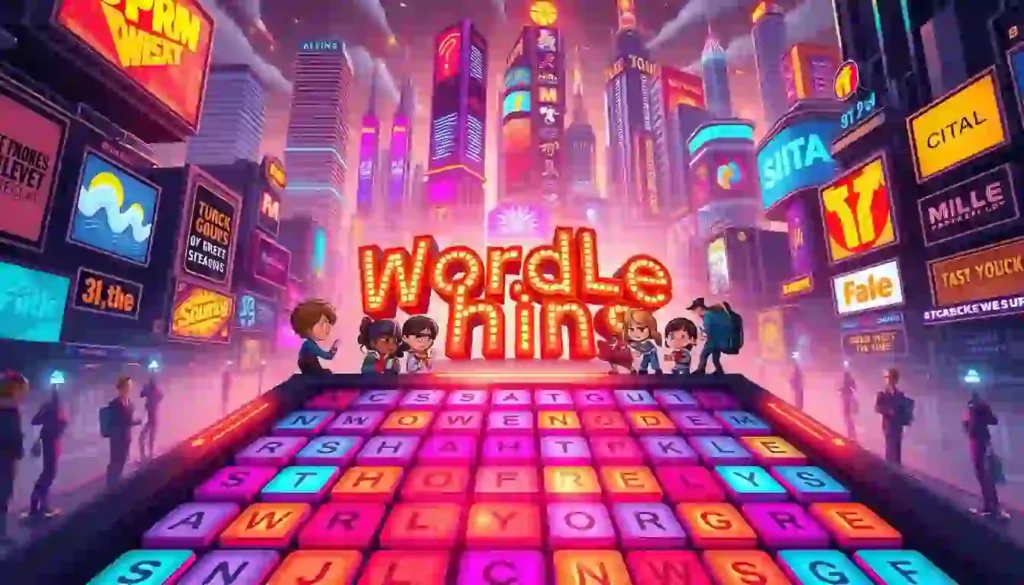 A vibrant cityscape with neon lights and towering skyscrapers. A colorful word puzzle board is in the foreground, titled "Wordle Hints," surrounded by animated characters. The scene conveys excitement and energy.