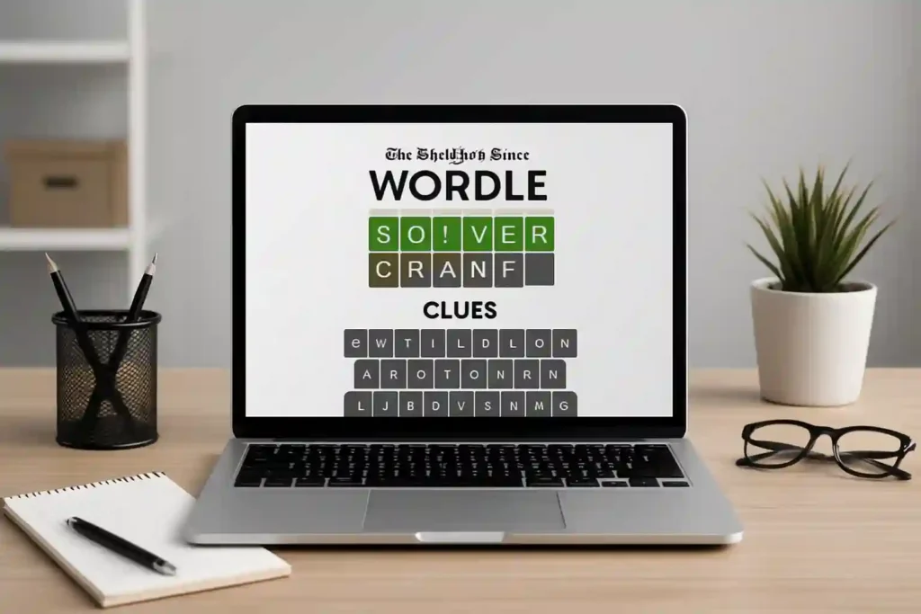A neatly organized desk with a laptop, notepad, and a few office supplies. The laptop screen displays the New York Times Wordle game, with the daily clues visible. The background features a minimalist, modern office setting with clean lines and neutral tones. Soft, diffused lighting creates a calm, focused atmosphere, encouraging the viewer to concentrate on the task at hand. The composition emphasizes the Wordle clues, drawing the eye to the critical information needed to solve the daily puzzle quickly and efficiently, avoiding common solving pitfalls.