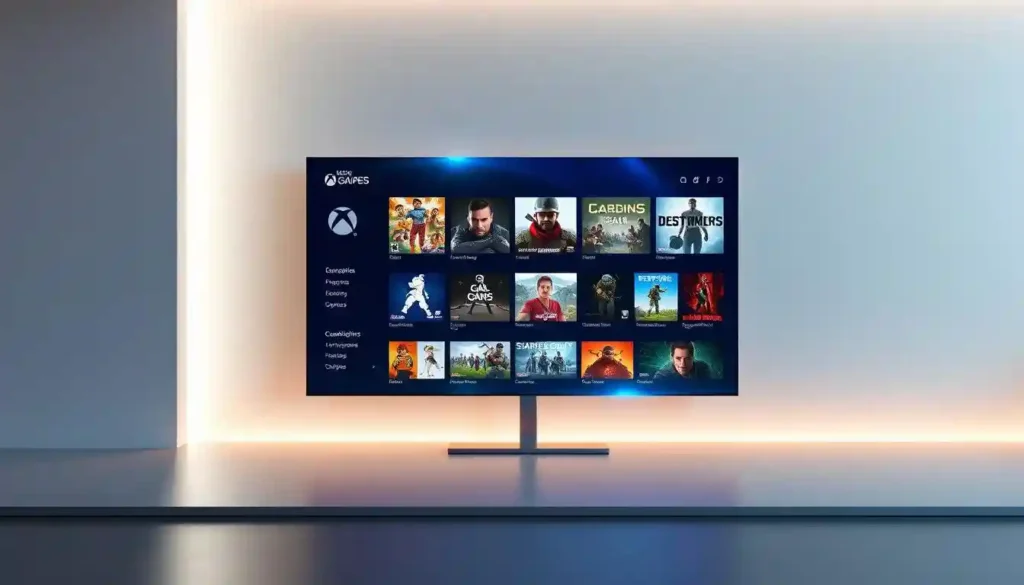 A futuristic, hyper-realistic rendering of the Xbox Game Pass cloud gaming interface, set against a sleek, minimalist backdrop. The interface features a clean, modern design with vibrant, holographic-like tiles showcasing a diverse library of games. The tiles appear to float and shimmer, creating a sense of depth and advanced technology. Soft, ambient lighting casts a warm glow, highlighting the high-resolution textures and smooth, seamless transitions between menu options. The overall composition conveys a vision of a sophisticated, user-friendly cloud gaming experience that seamlessly blends the physical and digital worlds.