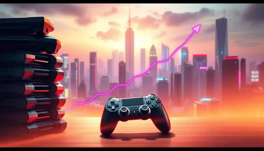 A visually compelling illustration of the gaming market's subscription growth in 2025. In the foreground, a stack of game controllers symbolizes the increasing number of gamers. In the middle ground, a graph line depicting the exponential rise in gaming subscriptions, rendered in vibrant hues. The background features a futuristic cityscape, with towering skyscrapers and neon-lit skylines, representing the technological advancements driving the industry. The scene is bathed in a warm, amber-tinted light, creating a sense of optimism and progress. The overall composition conveys the dynamic and rapidly evolving nature of the gaming market's subscription-based landscape.