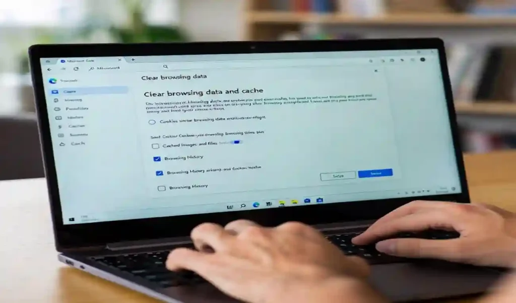 Close-up view of a person's hands typing on a laptop keyboard. The laptop screen displays the Microsoft Edge settings menu with the "Clear browsing data" window open, showing checkboxes for removing cached images, files, and browsing history.