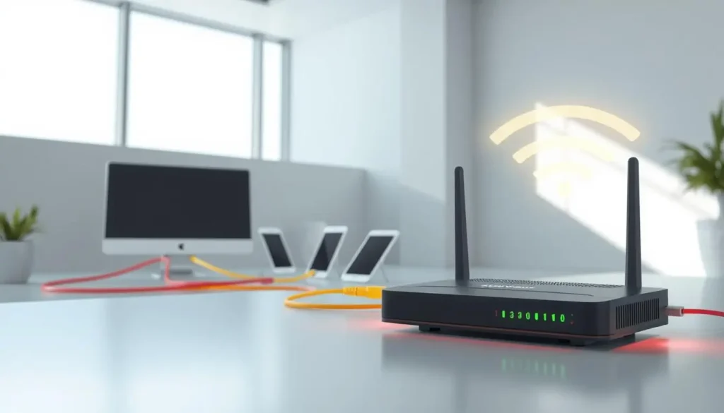 A wireless router connected to a computer and a smartphone, illustrating a home network setup.