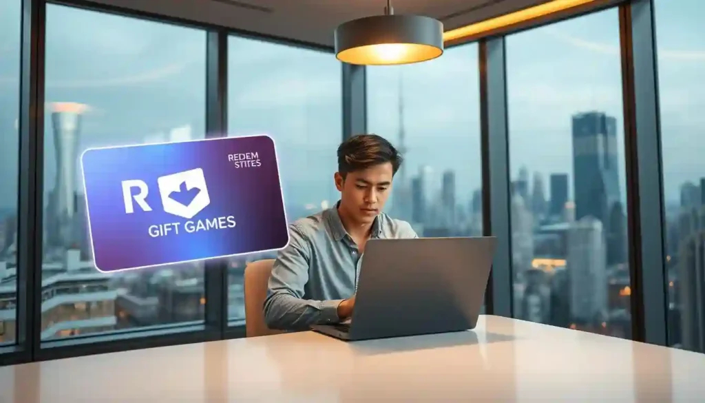 A man works on a laptop in a modern office with a cityscape view. A "Gift Games" card floats next to him, suggesting an online gaming theme.