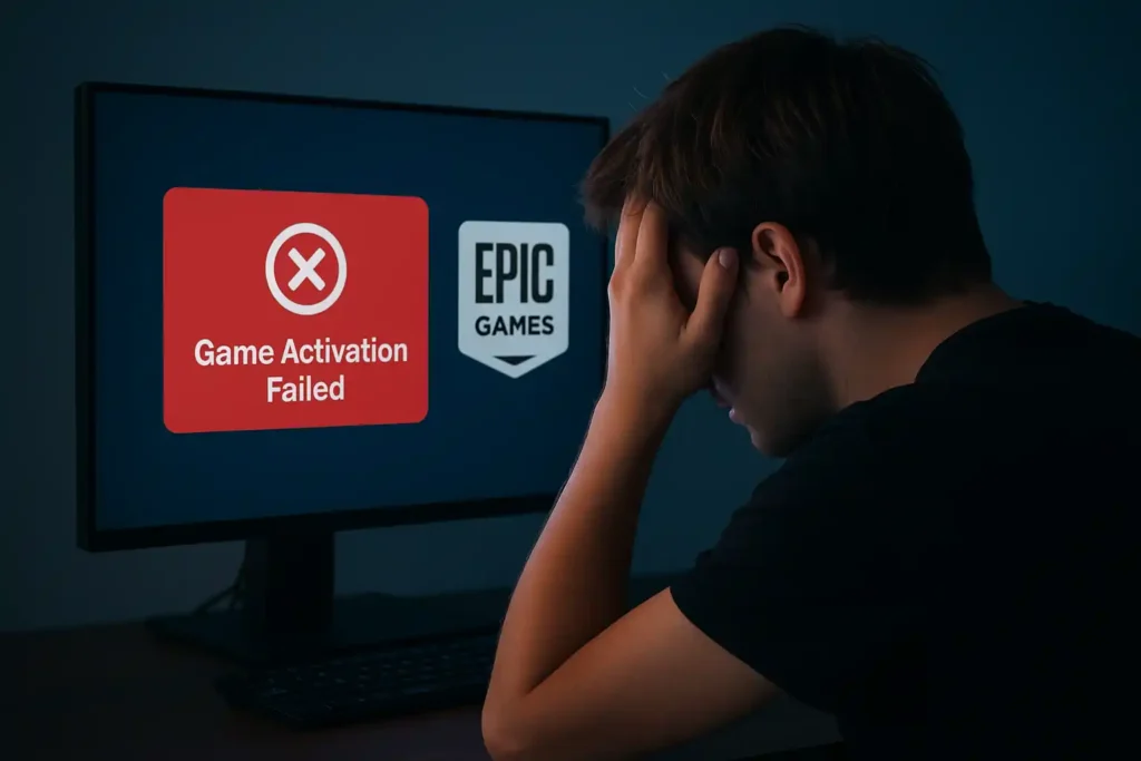 A person sits at a computer in frustration, holding their head in one hand. The screen shows "Game Activation Failed" and the Epic Games logo.