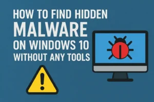 Windows 10 laptop with warning signs showing hidden malware detection without tools