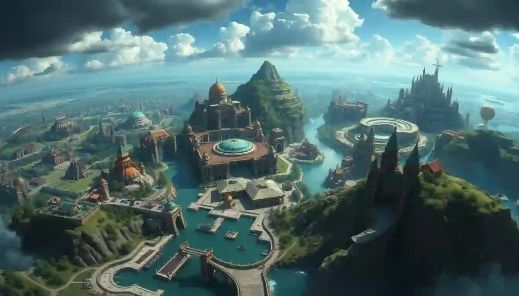 A highly detailed and realistic illustration of the various regions from the popular video game "League of Legends". The image should depict a panoramic view showcasing the distinct geographical, architectural, and cultural elements of each region, including Demacia, Noxus, Ionia, Piltover, Zaun, Freljord, Shurima, Bilgewater, and the Shadow Isles. The scene should be rendered with a cinematic, fantastical aesthetic, featuring dramatic lighting, depth of field, and a sense of scale and grandeur. The overall composition should be well-balanced, guiding the viewer's eye through the intricate details of this expansive, fictional world.