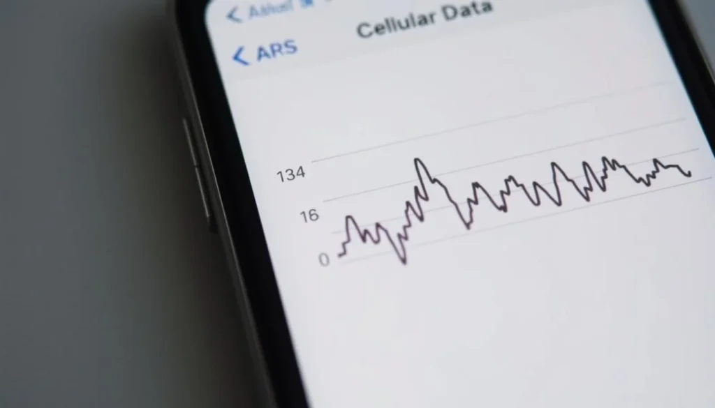 A detailed close-up view of an iPhone screen displaying unusual cellular data usage patterns, indicating a potential security breach or unauthorized access. The screen shows a graph with erratic spikes and fluctuations in data consumption, set against a clean, minimalist interface with muted tones. The lighting is soft and diffused, creating a sense of tension and unease. The camera angle is slightly elevated, giving the viewer a sense of scrutiny and analysis. The overall atmosphere conveys a sense of concern and the need to investigate further, aligning with the article's subject of checking iPhone unlock history for unauthorized access.