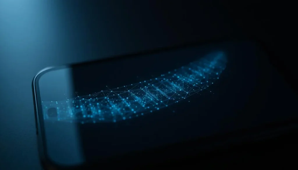 A semi-transparent trail of iPhone unlock activity leaves a faint digital footprint across a darkened smartphone screen. Faint geometric shapes and patterns emerge, hinting at the device's unlock history - a fragmented record of user interactions. The scene is bathed in a cool, muted color palette, creating a sense of digital ambiguity and the limitations of native device logging. Dramatic shadows and highlights accentuate the ghostly, ephemeral nature of this data, suggesting its elusive and partial nature. The overall impression is one of an incomplete, opaque view into the device's usage - a metaphor for the challenges in comprehensively auditing iPhone unlock history.