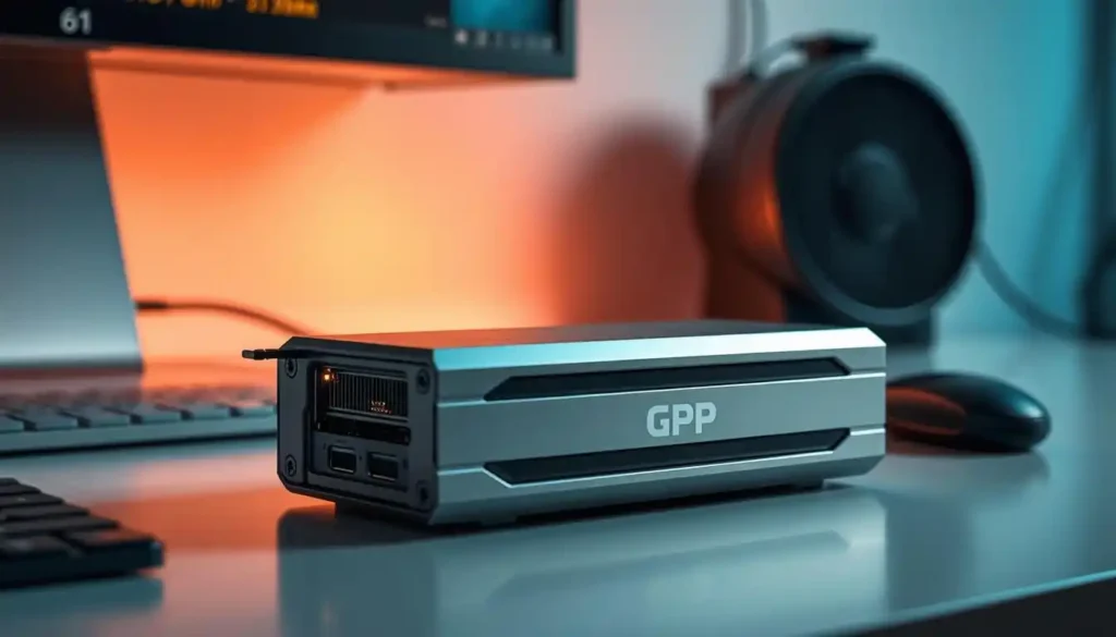 A professional-grade external GPU enclosure for video editing, illuminated by a soft, warm lighting that accentuates its sleek, modern design. The enclosure stands prominently on a clean, minimalist workspace, its metallic casing reflecting the surrounding environment. The GPU inside hums with power, ready to tackle the most demanding video processing tasks. The scene conveys a sense of focused, high-performance computing, perfect for the discerning video editor seeking to enhance their laptop's capabilities.