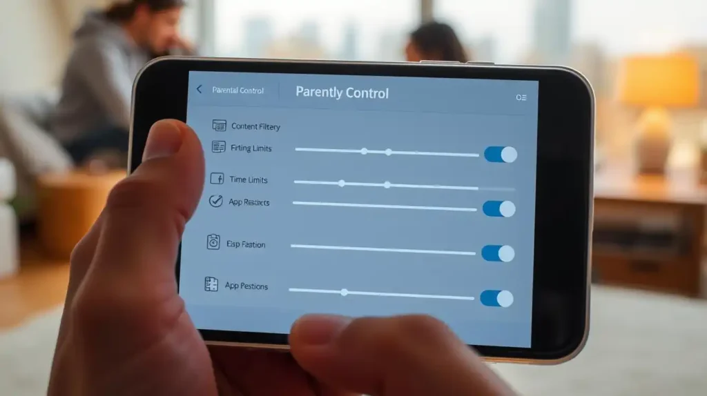 A person adjusts parental control settings on a smartphone, including content filters and time limits. In the blurry background, two people sit on a sofa.