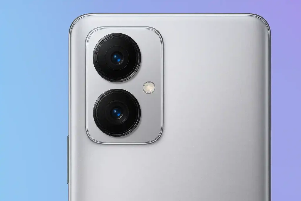 Close-up of a silver smartphone's dual camera setup with two large lenses and a flash. The background gradient shifts from blue to purple.