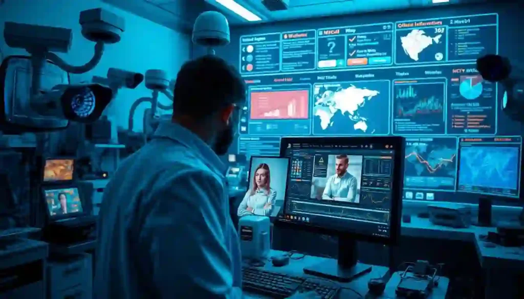 A man in a control room with screens displaying global data and graphs, creating a futuristic, high-tech ambiance. He seems engaged and focused.
