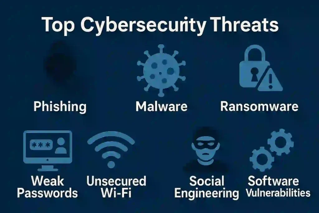 Text listing top cybersecurity threats on a dark blue background. Icons symbolize phishing, malware, ransomware, weak passwords, unsecured Wi-Fi, social engineering, and software vulnerabilities.