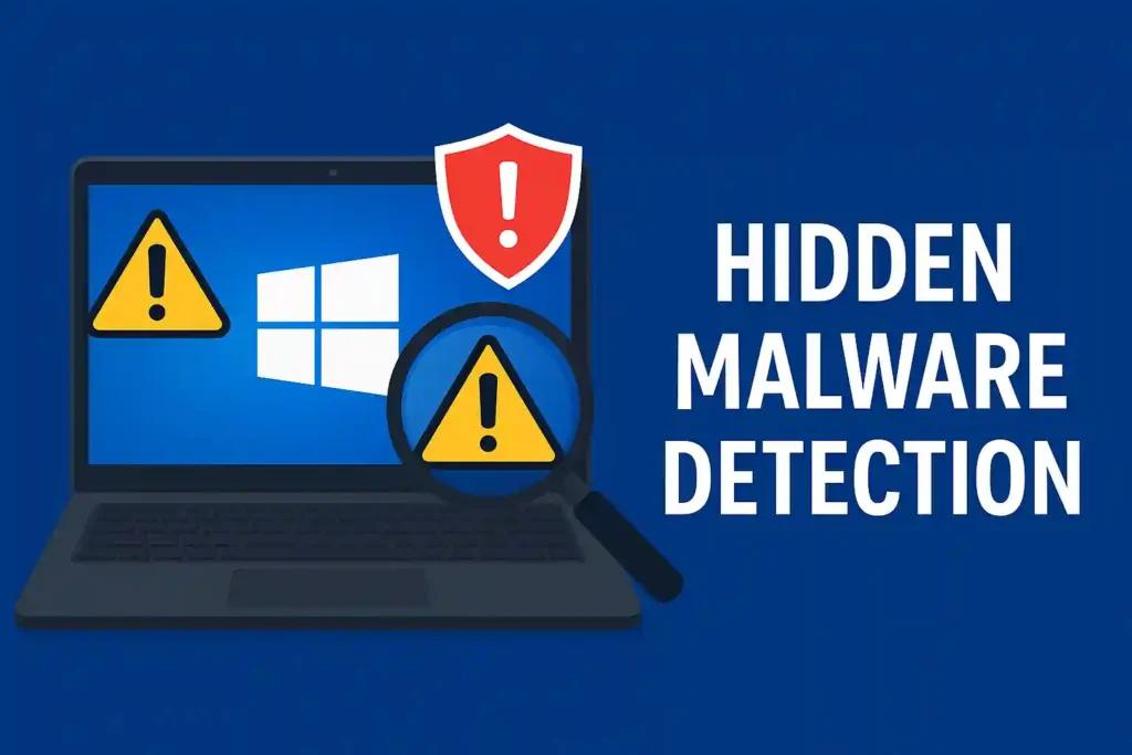 Laptop displaying warning signs, magnifying glass, and shield icon on screen with text reading "Hidden Malware Detection"; conveys caution and security.
