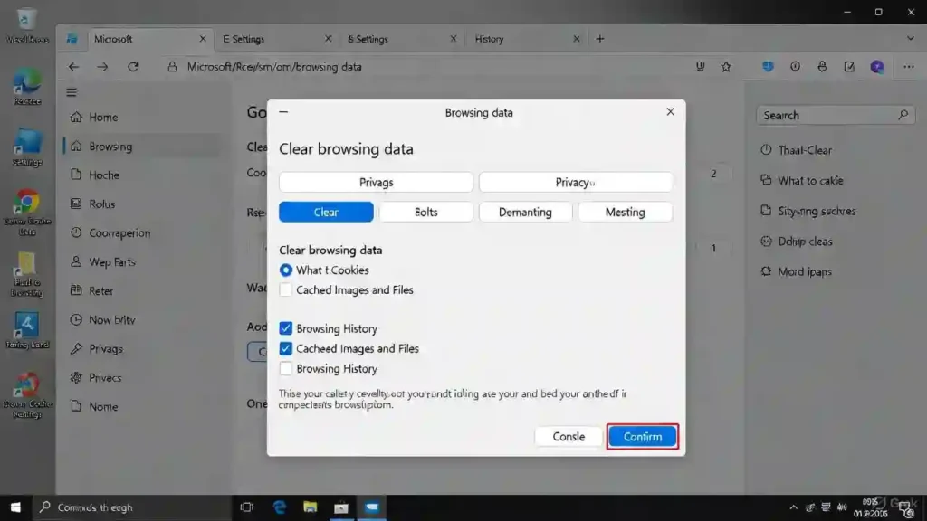 An illustration of a web browser's 'Clear browsing data' pop-up window overlaid on a desktop background. Various checkboxes for clearing cookies, cached images, and history are visible. A red rectangular outline highlights the confirmation button at the bottom right of the window, indicating where to click to finalize the cleanup process.