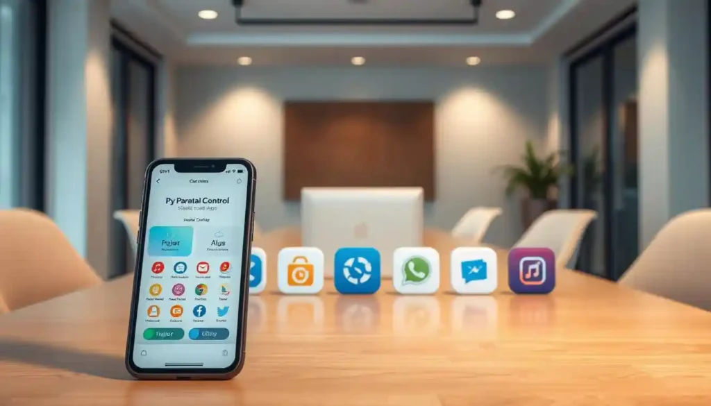 A detailed, holistic image showcasing a range of parental control apps for mobile safety. In the foreground, a smartphone displays the user interface of a popular parental control app, highlighting its key features. In the middle ground, several additional app icons representing various parental control solutions are neatly arranged, conveying the breadth of options available. The background depicts a serene, modern office setting with minimal, clean lines and neutral tones, creating a sense of professionalism and reliability. Soft, diffused lighting illuminates the scene, evoking a calming, authoritative atmosphere. The overall composition should convey a sense of control, security, and the availability of effective tools to help parents manage their children's mobile device usage.