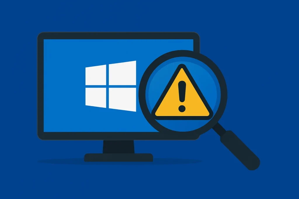 Illustration of a computer screen displaying the Windows logo, with a magnifying glass highlighting a yellow warning triangle with an exclamation mark, on a blue background.