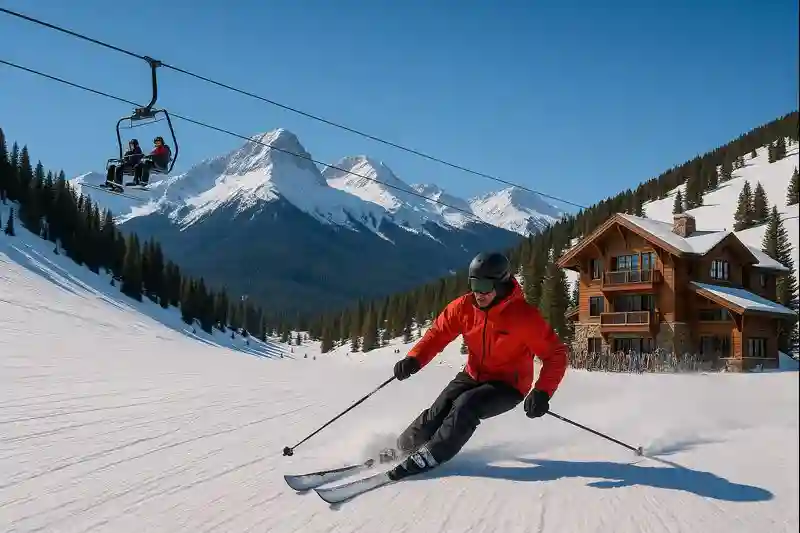 A man skiing down a snowy slope with a cozy lodge visible in the background.
