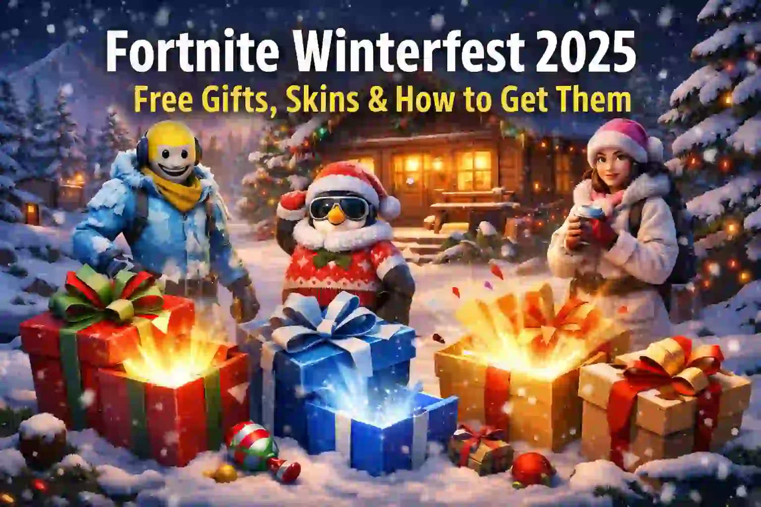 Fortnite Winterfest 2025 event screen showing festive decorations, free gift presents, and exclusive winter-themed skins available to unlock.