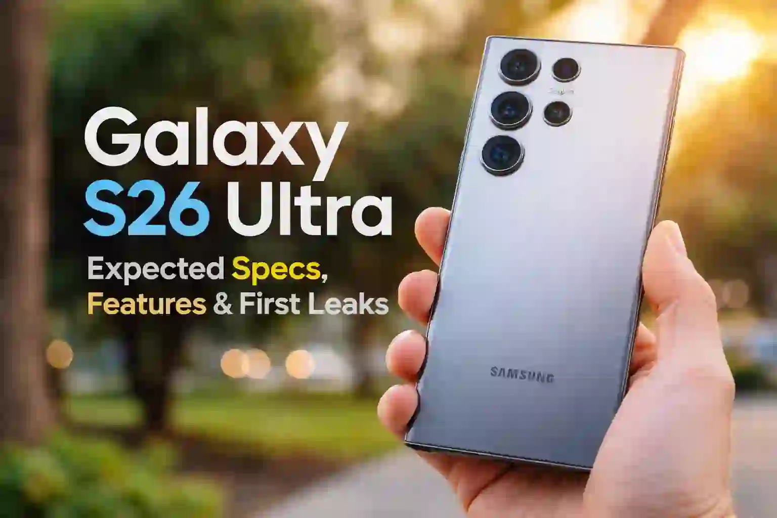 Galaxy S26 Ultra smartphone shown in hand with rear camera design, expected specs, features, and first leaks
