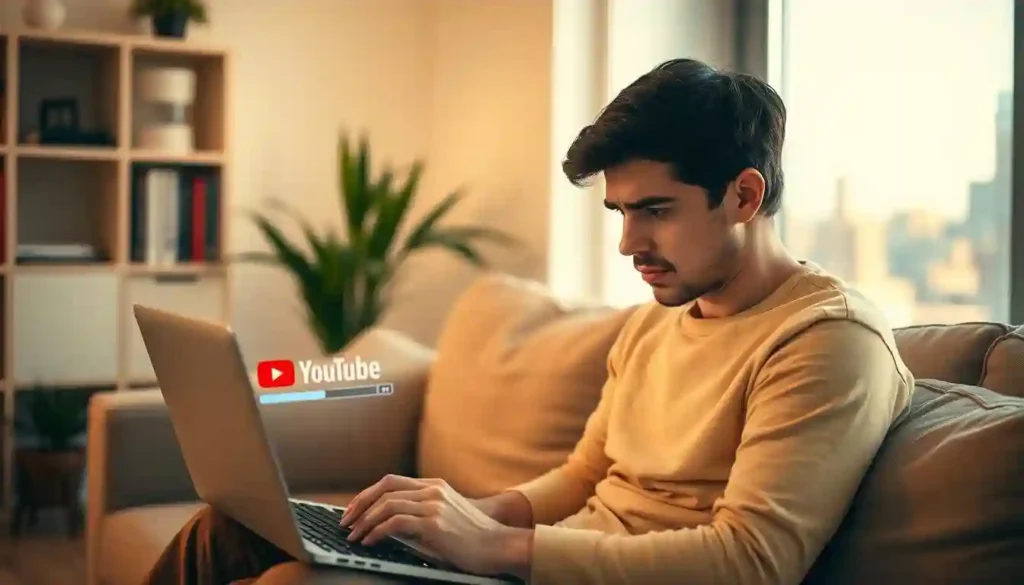 A man sitting on a couch, focused on his laptop, with a relaxed expression in a cozy living room setting.
