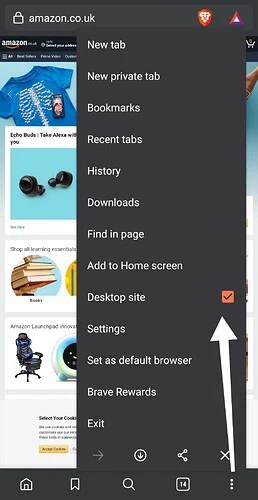 Brave browser menu open on an Amazon website, showing options like New tab, History, Downloads, and Desktop site with a checkmark and arrow indicating the desktop mode option on mobile.