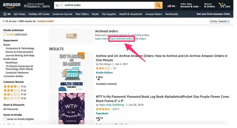Amazon search results page for “archive order,” with the Your archived orders link highlighted by a red arrow, showing where users can access archived Amazon orders.