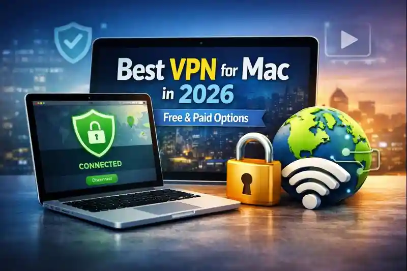 Best VPN for Mac in 2026 showing a MacBook connected to a secure VPN network
