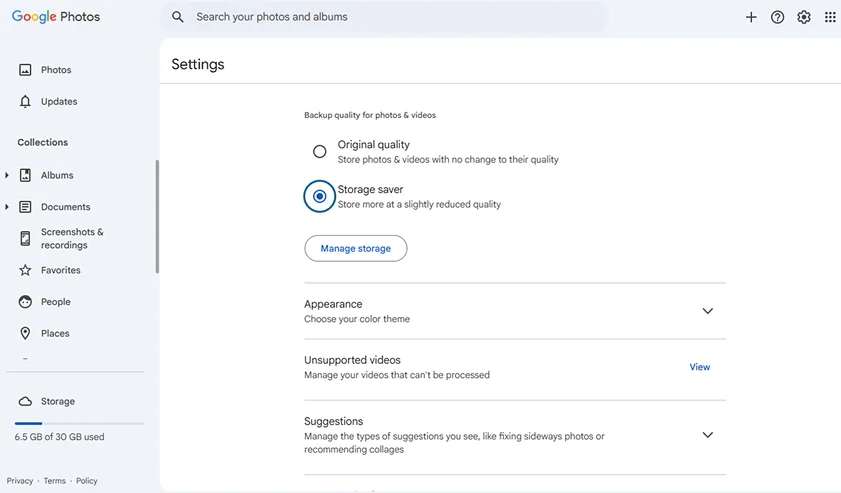 Google Photos settings page showing backup quality options: "Original quality" and selected "Storage saver." Sidebar lists categories like Albums and Storage.