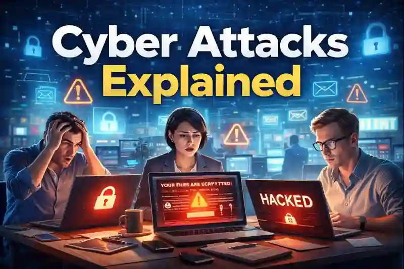  Infographic illustrating various types of cyber attacks and their impacts on individuals and organizations.
