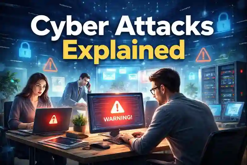 Cyber attack warning on office computers showing hacked systems, ransomware alerts, and digital security threats.