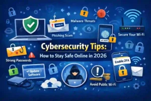 Cybersecurity tips illustration showing data protection, secure passwords, and online safety for beginners