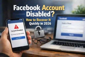 Facebook account disabled message on phone with laptop showing Facebook login, recovery guide 2026