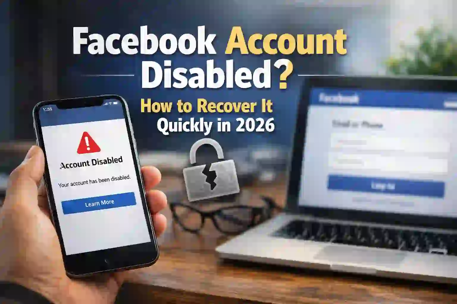 Facebook account disabled message on phone with laptop showing Facebook login, recovery guide 2026